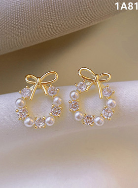 s925银针百搭珍珠花环耳钉蝴蝶结耳环2020新款韩国网红爆款耳饰女
