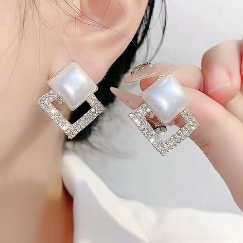 时尚双菱形水晶珍珠耳钉新款潮网红爆款耳环百搭高级感耳饰品