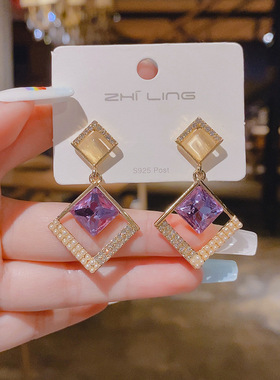 s925银针时尚猫眼石矩形耳环新品蓝色水晶锆石几何方块耳钉耳饰女