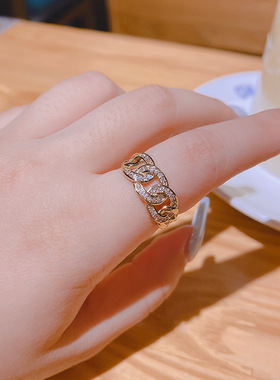 真金电镀铜镶锆石网红韩国小众设计几何链条戒指复古指环食指指环