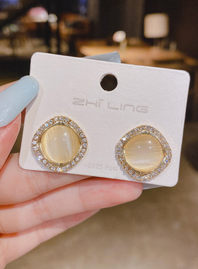 925银针韩国巴洛克复古小巧精致耳环猫眼石耳钉 女高级感耳饰品