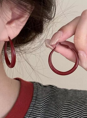 安可拉红色方形几何耳环欧美时尚高级感耳圈复古港风简约耳饰