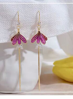 925银针网红ins紫色耳钉油画感花瓣水晶耳环超仙美人鱼尾流苏耳坠