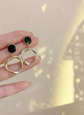 韩国圆圈耳环女气质高级感纯银防过敏黑色耳钉2021年新款潮设计感