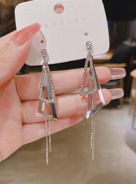 S925银针韩国几何长款三角形流苏耳环 女韩版气质简约冷淡风耳饰