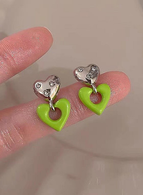 2022年新款绿色爱心耳环韩国 气质耳饰925银针女耳钉简约耳饰