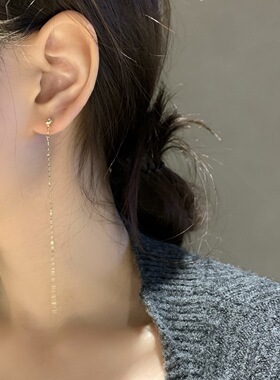 14K真金显脸瘦长款链条流苏耳饰耳线925银针耳环女气质耳钉