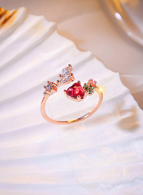 真金电镀铜镶锆石气质简爱心戒指女开口可调节个性新品少女手饰品