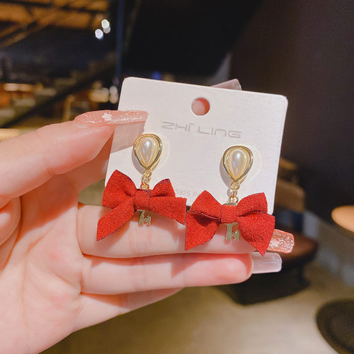 S925银针韩版红色蝴蝶结耳饰品新年猫眼丝绒珍珠耳钉感气质耳环女