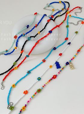 跨境波西米亚米珠花朵多层手工串珠项链嘻哈小熊吊坠颈链直播