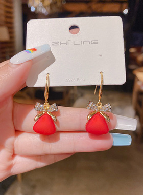 红色珍珠微镶锆石耳坠韩国网红气质耳坠2021新款中国红银针耳饰女