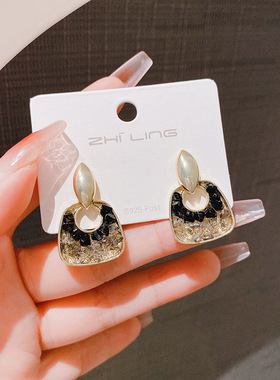 2024年新款轻奢黑色水晶优雅耳钉女高级感耳坠小众设计气质耳饰品