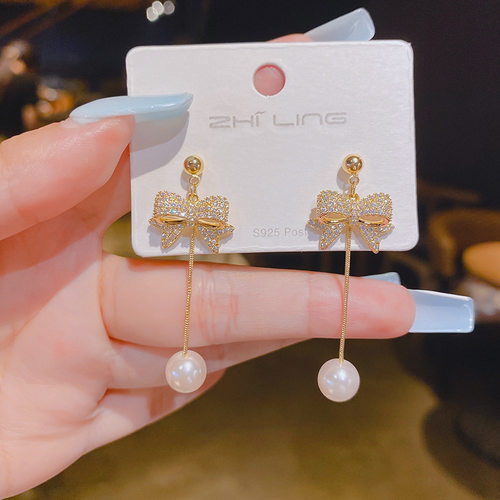 s925银针2021秋季新品时尚蝴蝶结珍珠流苏耳坠网红个性耳环耳饰品