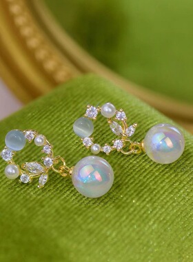 韩国时尚超仙人鱼姬珍珠耳钉高级感轻奢蓝色猫眼石耳钉百搭耳饰品