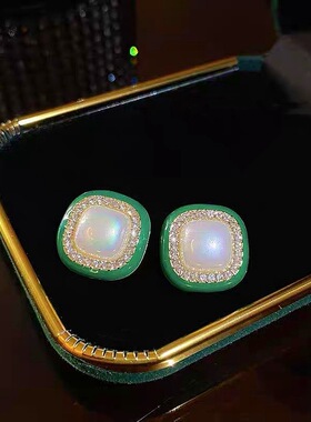 几何绿色方块耳钉新款潮高级感轻奢小众设计感耳环女简约个性耳饰