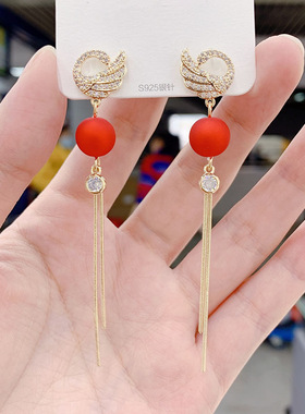 925银针韩国气质满钻白色珍珠流苏耳环 长款镶钻翅膀耳钉耳饰