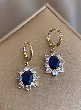 925银针东大门韩版蓝色宝石耳环 耳圈吊坠时尚镶钻耳钉耳饰品