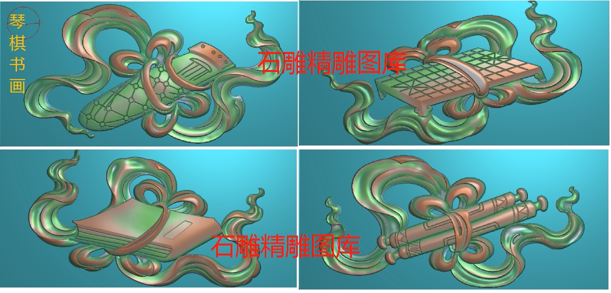 琴棋书画精雕图浮雕图 八宝浮雕图 浮雕图 古建石雕图灰度图