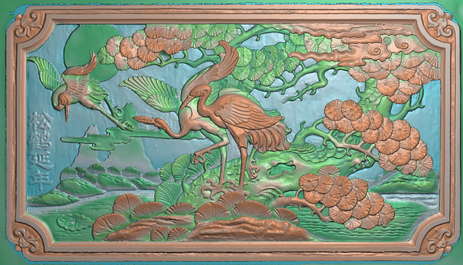 精品松鹤壁画精雕图 迎客松壁挂屏 浮雕电脑石雕图 深扫描图