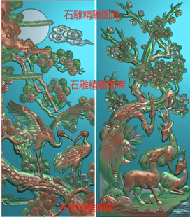 精品松鹤鹿竹图 精雕图 迎客松壁挂屏古建浮雕图石雕图 没线条