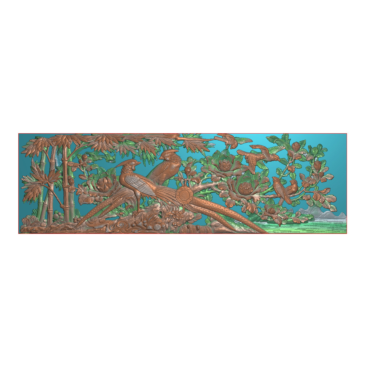 锦上添花浮雕花鸟精雕图锦鸡牡丹石雕扫描图照壁影壁花开富贵竹鸟
