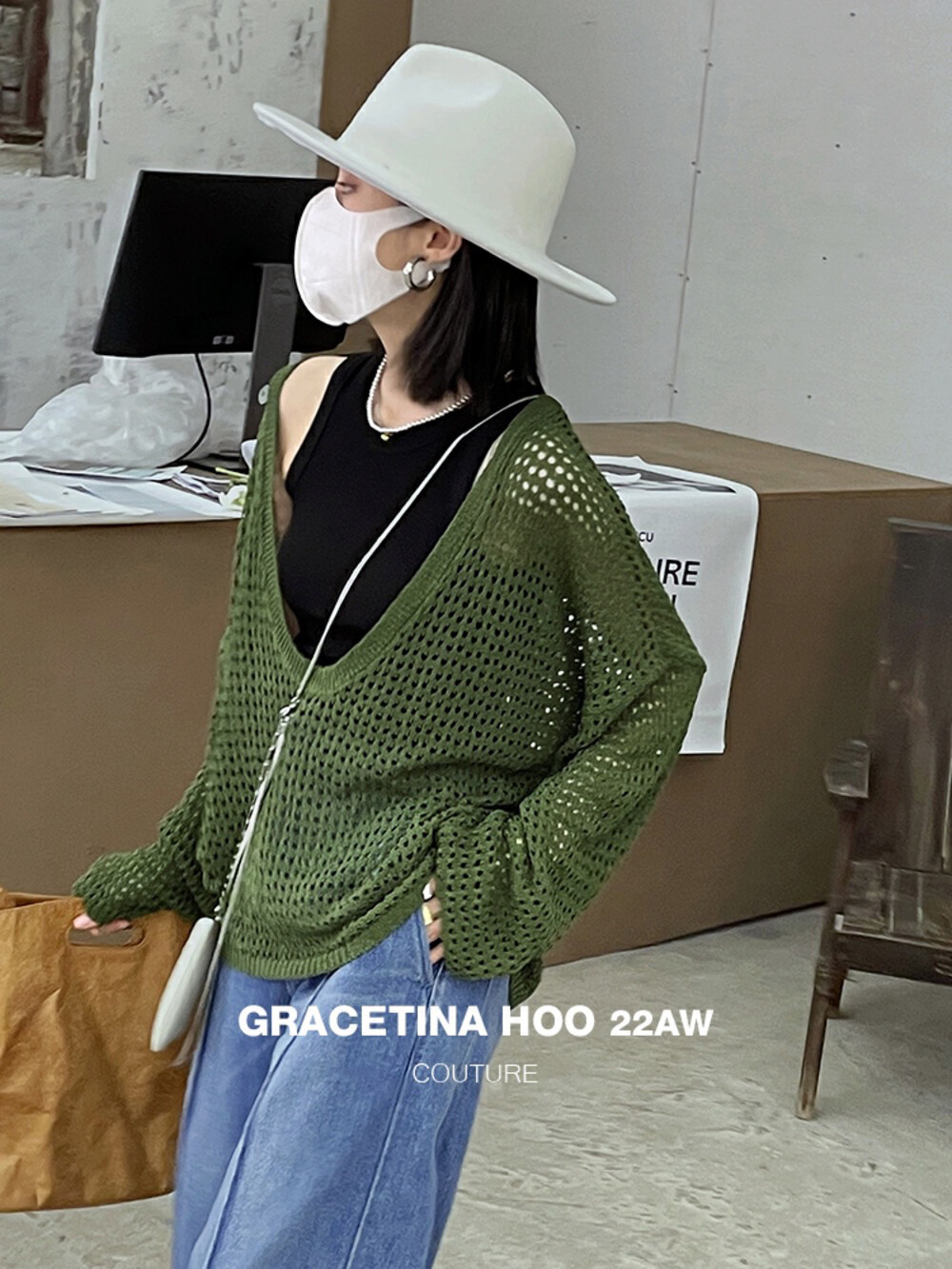 秋季新款渔网镂空罩衫长袖针织上衣女欧货时尚透视