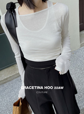 GRACETINA HOO原创设计感小众假两件露肩长袖t恤女2024秋季新款