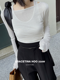 GRACETINA HOO原创设计感小众假两件露肩长袖t恤女2024秋季新款