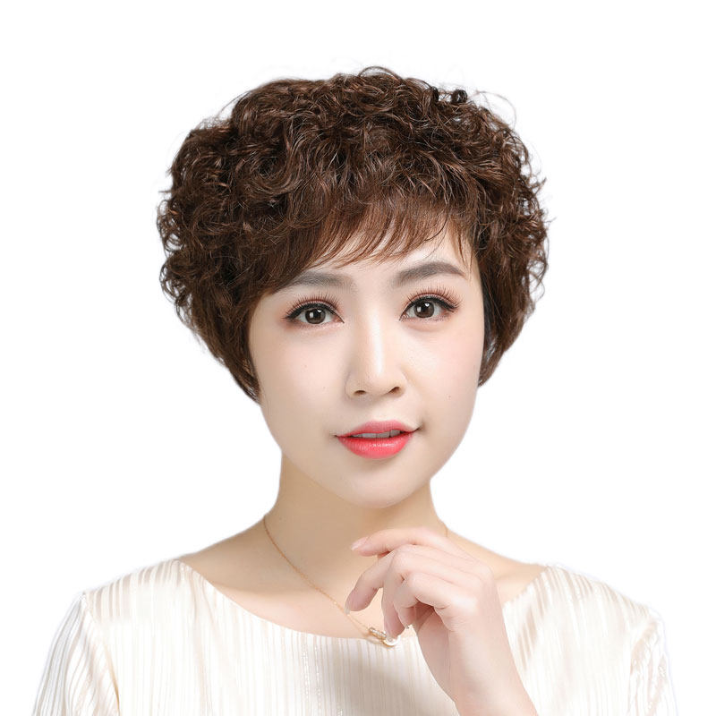 假发女短发短卷发真发全真人发轻薄透气自然逼真中老年妈妈全头套