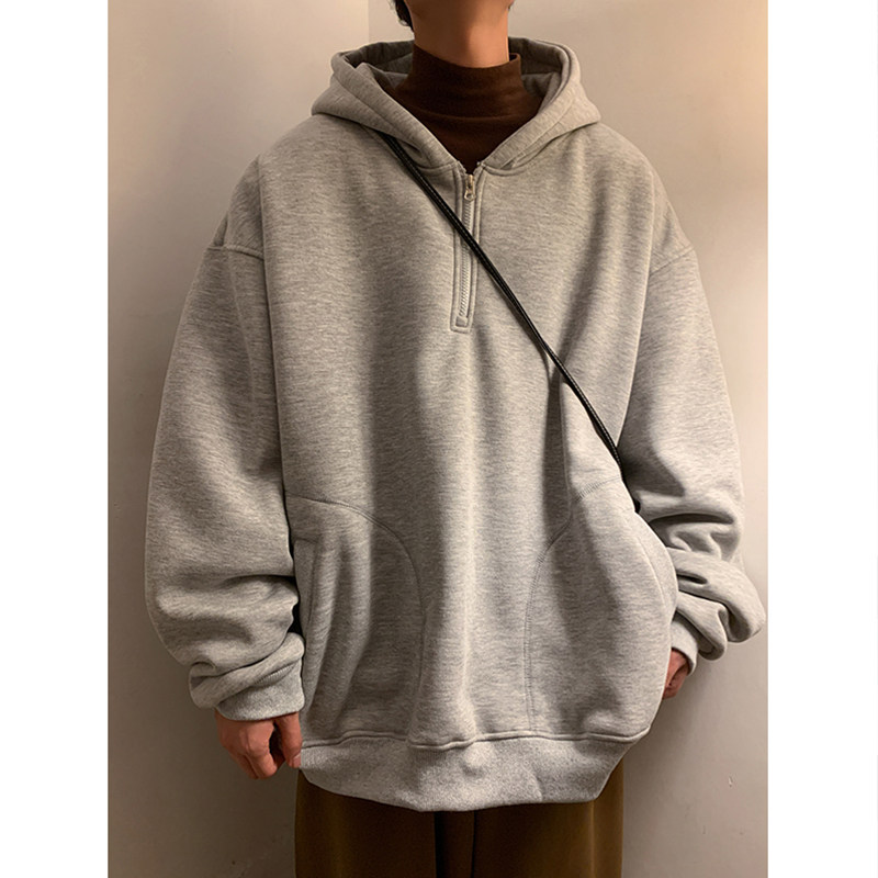가을 겨울 벨벳 두꺼운 후드 티셔츠 남성용 하프 지퍼 풀오버 ??캐주얼 트렌디 브랜드 솔리드 컬러 다목적 청소년 자켓