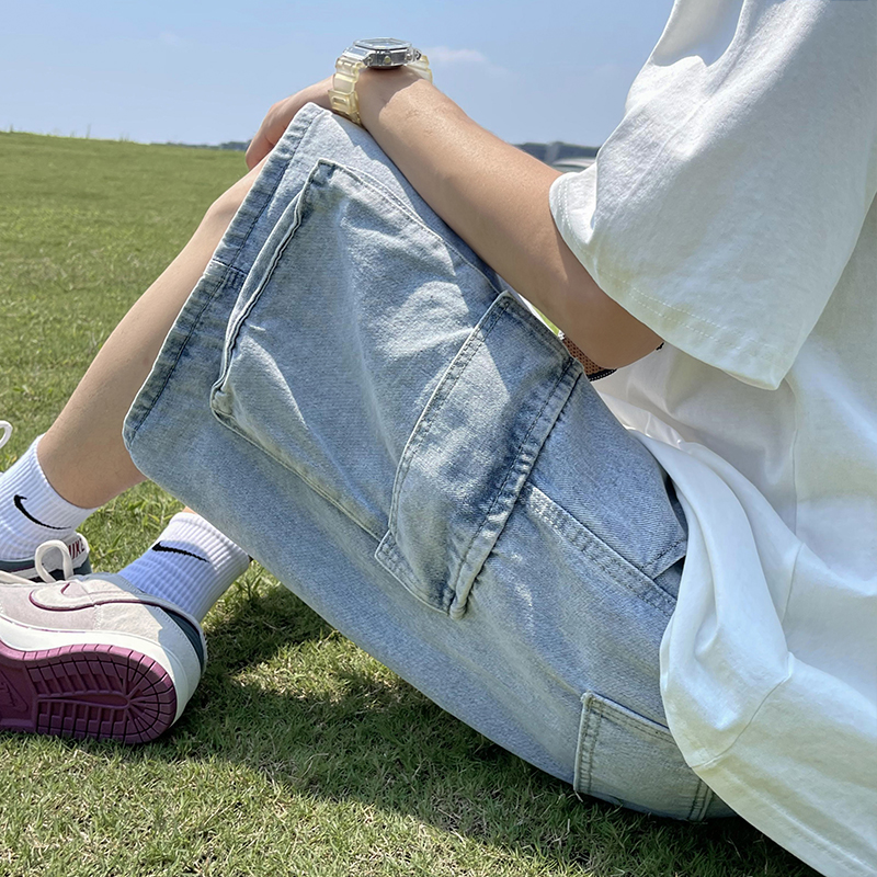 夏季薄款牛仔工装短裤男直筒潮牌ins痞帅青少年休闲百搭五分裤子