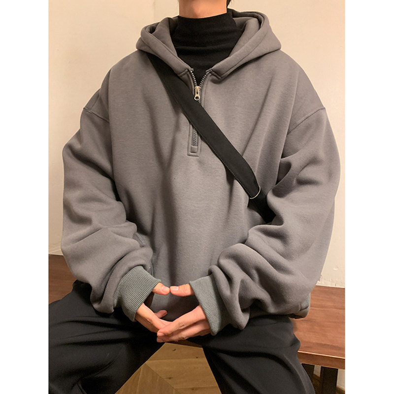 가을 겨울 벨벳 두꺼운 후드 티셔츠 남성용 하프 지퍼 풀오버 ??캐주얼 트렌디 브랜드 솔리드 컬러 다목적 청소년 자켓
