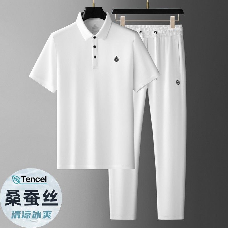 高端桑蚕丝男士休闲套装夏季超薄款宽松大码时尚冰丝运动速干短袖