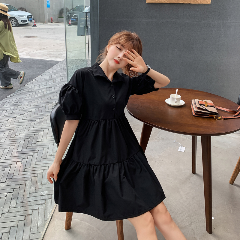 Real shot of Korean summer loose small black dress showing thin dark waist dress female versatile student