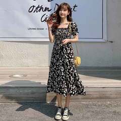 French square neck Daisy dress 2021 summer new Korean student's best friend A-line floral skirt