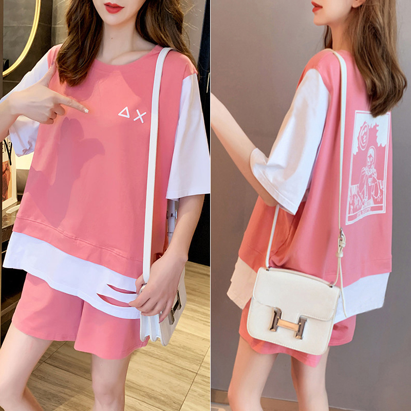 6535 cotton short sleeve T-shirt casual suit women's summer new loose shorts sports two piece set