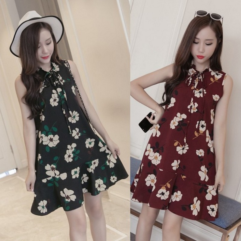 Real shot net red zouju Floral Chiffon Dress fresh and loose lace up sleeveless Ruffle Skirt