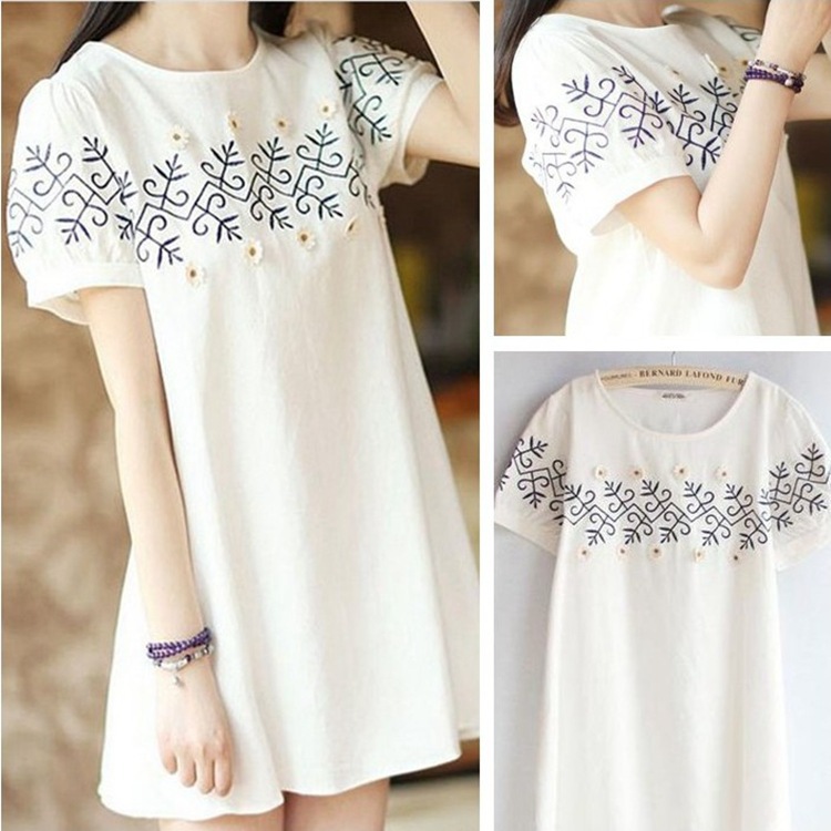 Japanese loose embroidery flower white academy style short sleeve cotton linen dress A-line