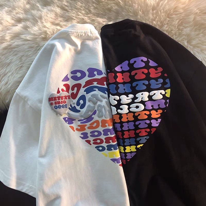 Real shot cotton short sleeve t-shirt female fashion student loose Korean colorful love printing half sleeve top