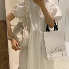 Korean chic simple solid color niche round neck pleated waist loose bubble sleeve swing dress long skirt