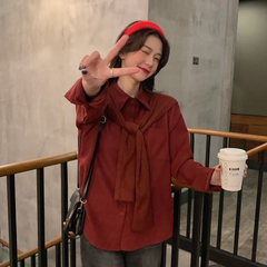 Autumn and winter 2021 New Vintage two piece shawl stitching loose polo collar for women's long sleeve shirt