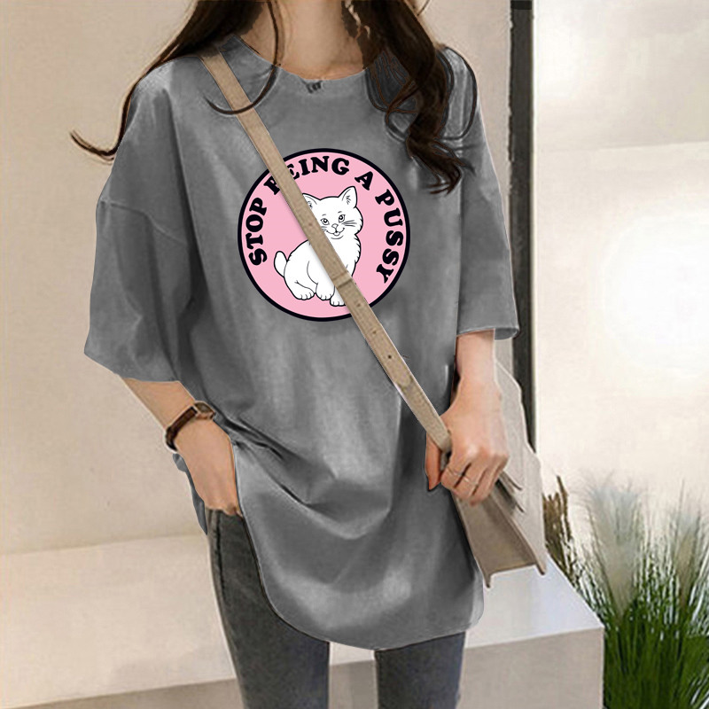 Guantuke double ground milk silk summer T-shirt short sleeve student lazy printing medium long T-shirt