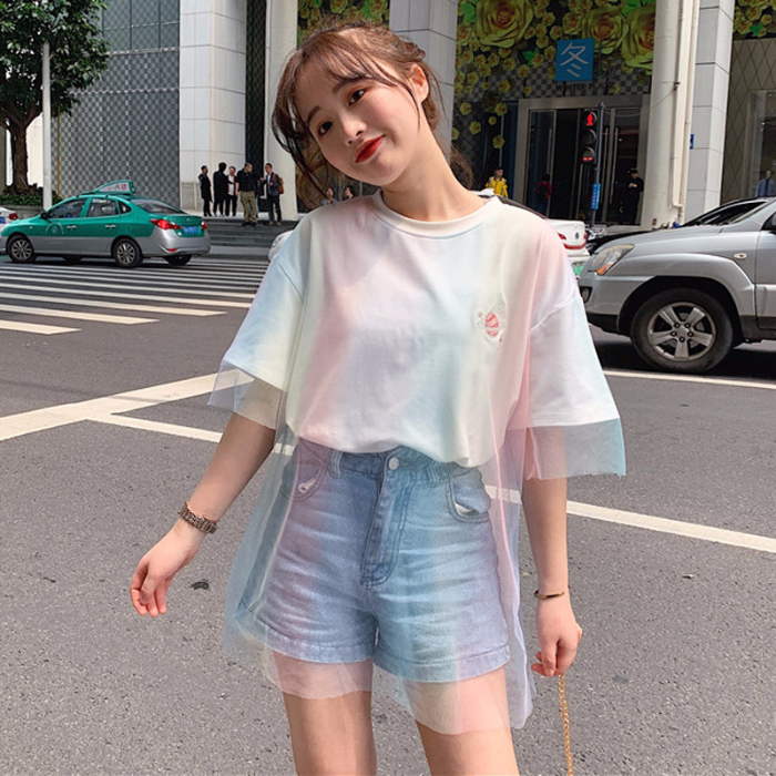 Spring and summer Korean super fairy loose embroidered short sleeve T-shirt women's Hong Kong Style medium length top mesh T-shirt