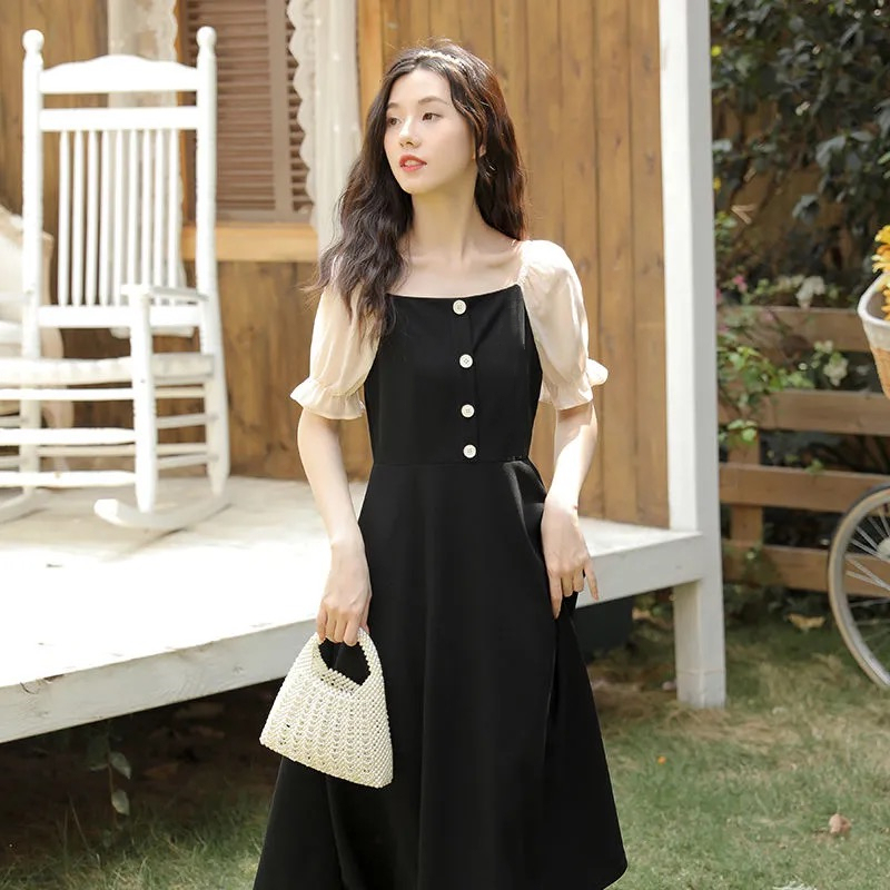 Summer new small black dress long skirt square collar sweet tea break skirt French Retro Black Dress