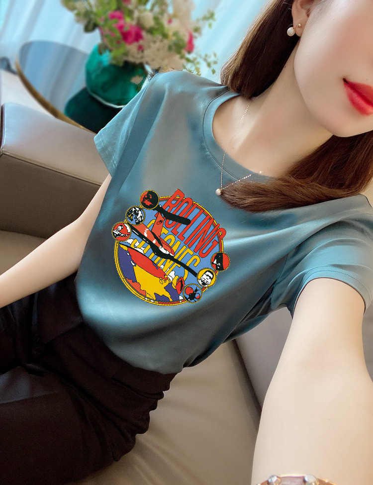 New super fire silk short sleeve T-shirt for women, Korean loose pattern, versatile thin T-shirt for women