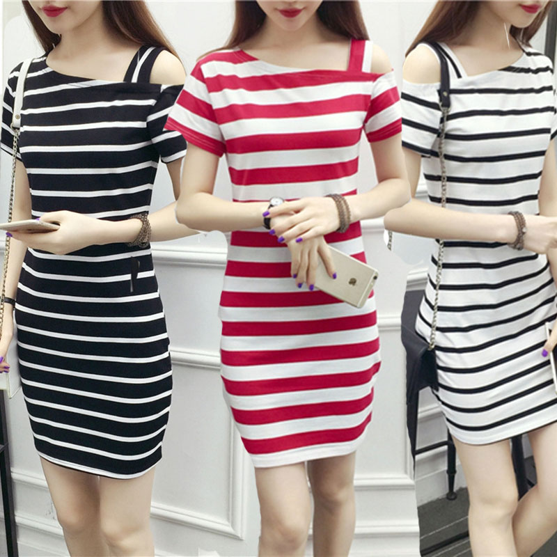 Slant shoulder stripe dress slim sling one line collar fashion sexy top slim t-shirt female