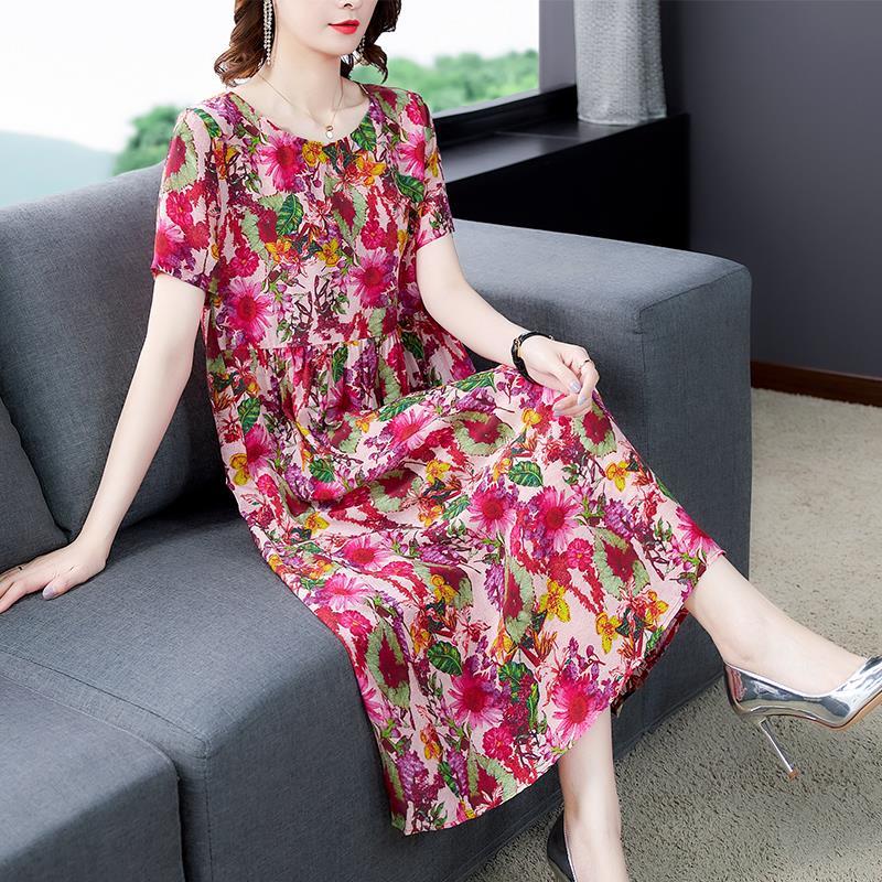 Mother's summer dress foreign style large size noble ice silk dress women's summer new style temperament cover belly show thin over the knee long skirt