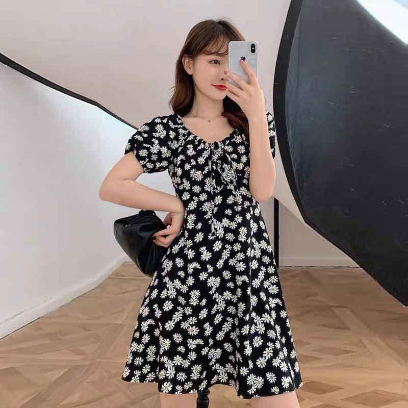 Spring and autumn new French retro Korean East Gate small foreign style high waist slim long sleeve Floral Dress