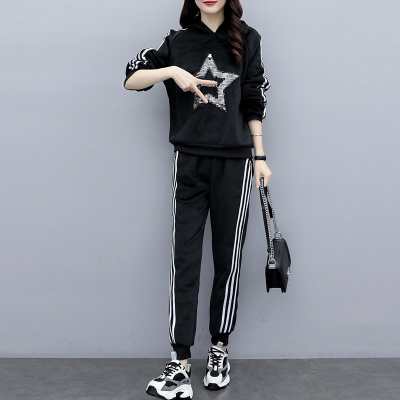 Golden velvet suit women's big size autumn and winter 2021 new fat mm show thin cover meat leisure trend warm two piece set