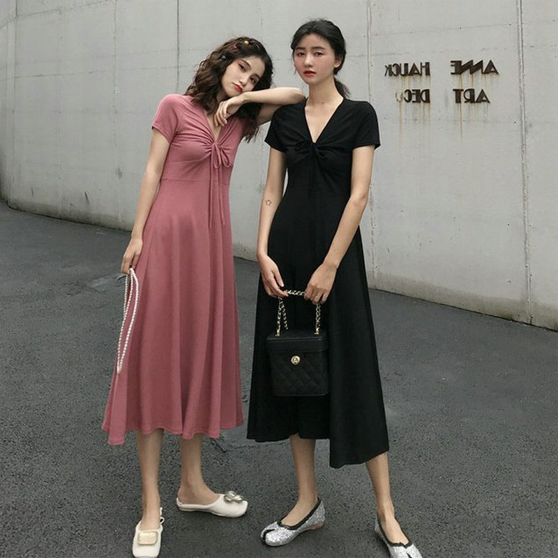 Summer long skirt over the knee 2021 short sleeve elastic V-Neck long drawstring shows thin waist temperament casual dress fashion